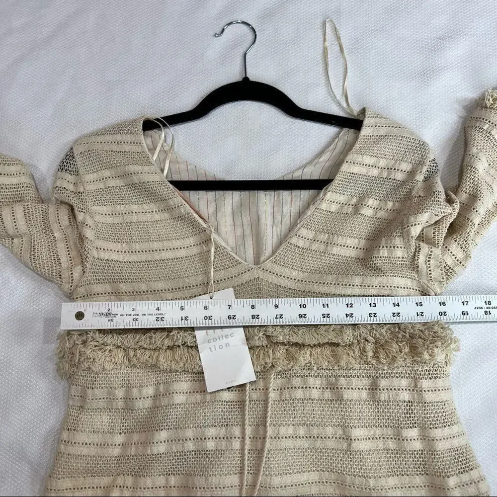 Zara Cream Crochet‎ Boho Fringed Tassel Tie V Neck Blouse